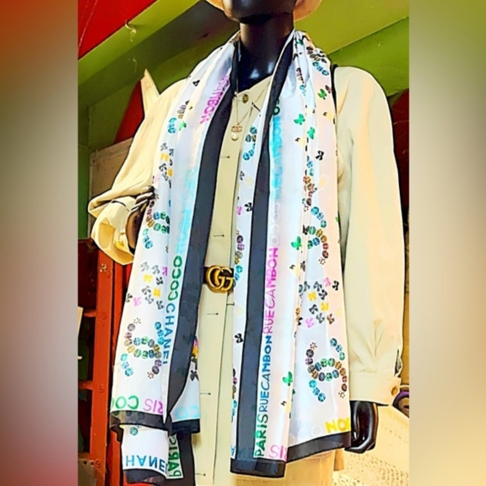 Chanel Coco Ruecambon Cream Silk Scarf With Multicolor Logo Pattern